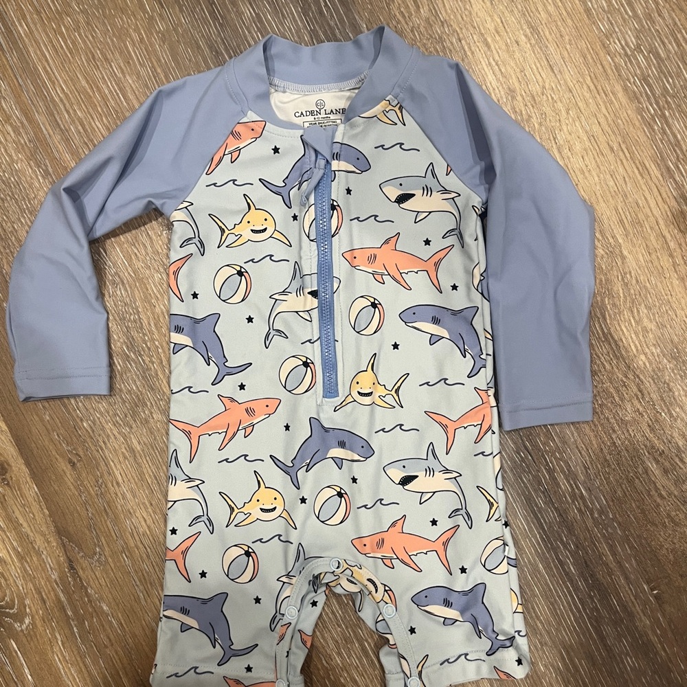 Caden Lane Kids Swim Rashguard - Blue and Orange Shark Bait Print